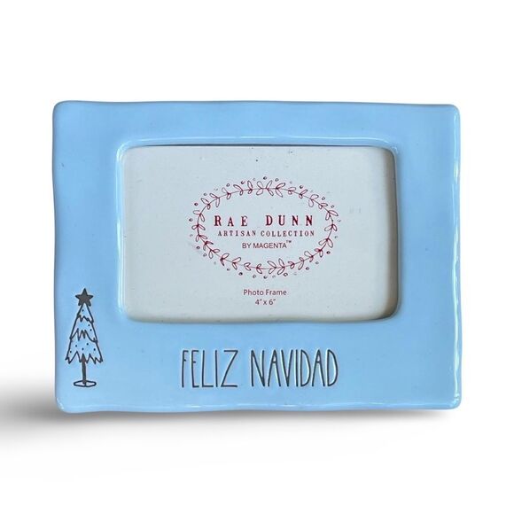 Farmhouse by MAGENTA Rae Dunn “Feliz Navidad ” Blue 4x6” Picture Frame Ceramic - Picture 1 of 6